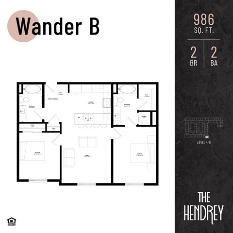 Floor plan for 2 beds, 2 baths, 986 sqft
