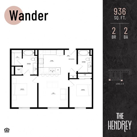 Floor plan for 2 beds, 2 baths, 936 sqft
