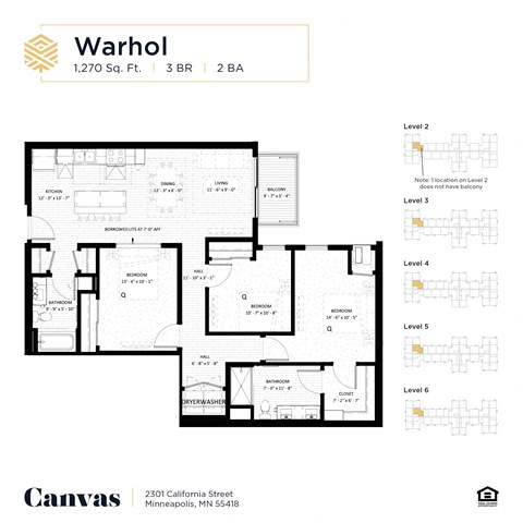 Floor plan for 3 beds, 2 baths, 1270 sqft