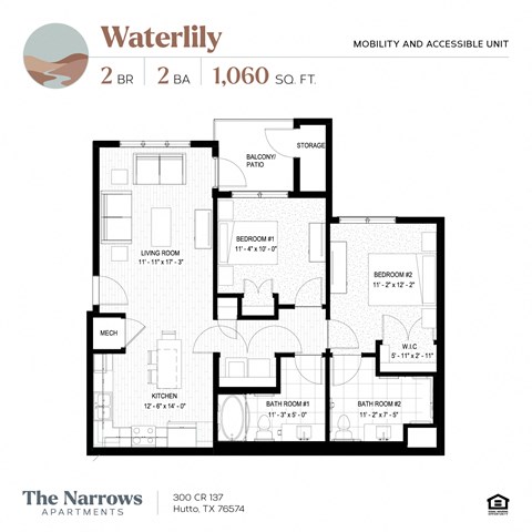 Floor plan for 2 beds, 2 baths, 1060 sqft