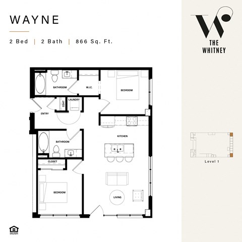 Floor plan for 2 beds, 2 baths, 808 sqft
