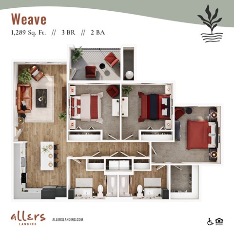 Floor plan for 3 beds, 2 baths, 1289 sqft