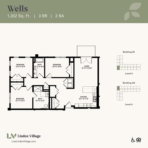 Floor plan for 3 beds, 2 baths, 1302 sqft