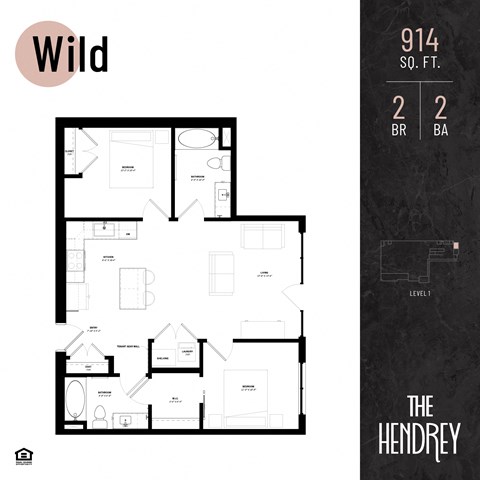 Floor plan for 2 beds, 2 baths, 914 sqft