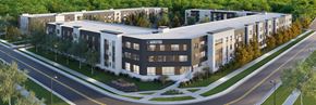 Sun Prairie apartment for rent - A modern building with a white roof and a sign that reads "The West".