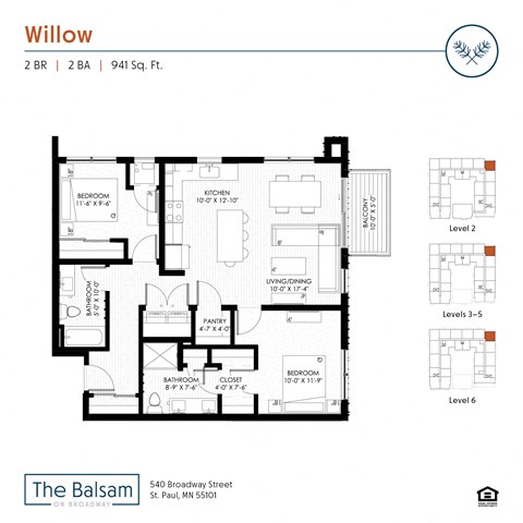 Floor plan for 2 beds, 2 baths, 941 sqft