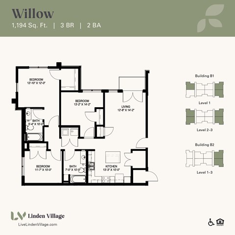 Floor plan for 3 beds, 2 baths, 1194 sqft