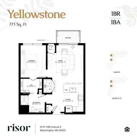 Floor plan for 1 bed, 1 bath, 773 sqft