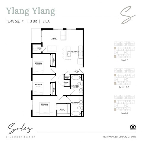 Floor plan for 3 beds, 2 baths, 1048 sqft