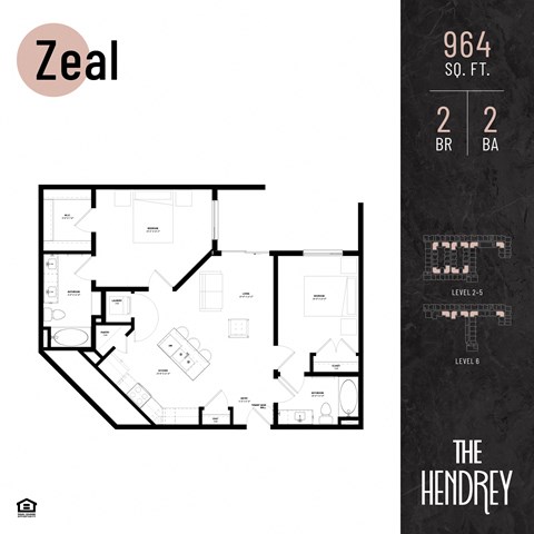Floor plan for 2 beds, 2 baths, 964 sqft