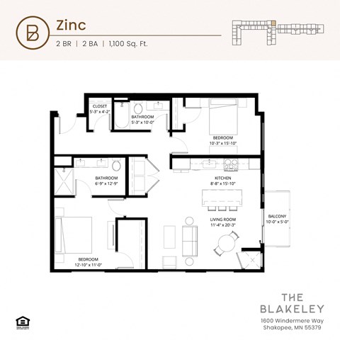 Floor plan for 2 beds, 2 baths, 1100 sqft
