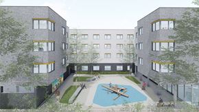 Portland apartment for rent - a rendering of a courtyard with a pool in the middle