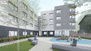Portland apartment for rent - a rendering of a building with people in a courtyard