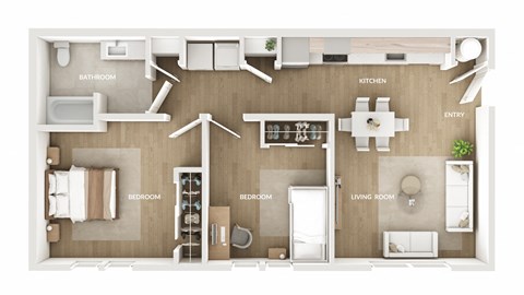 Floor plan for 2 beds, 1 bath, 872 sqft