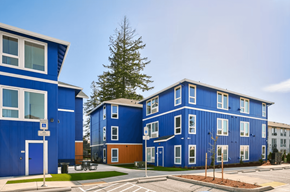 Portland apartment for rent - A blue building with a tree in front of it.