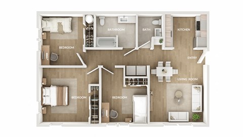 Floor plan for 3 beds, 2 baths, 1107 sqft
