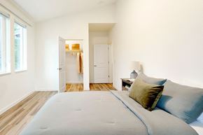 Mill City apartment for rent - a bedroom with a large bed and a door to a closet