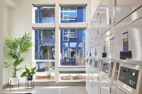 Portland apartment for rent - A modern kitchen with stainless steel appliances and a view of a backyard through the windows.