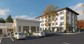 Tigard apartment for rent - a rendering of the building with people walking around and cars parked in front of it