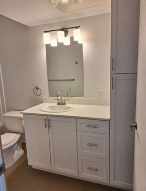 Lincoln City apartment for rent - A bathroom with a white sink and a mirror above it.
