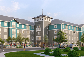 Cornelius apartment for rent - a rendering of a building with people walking in front of it