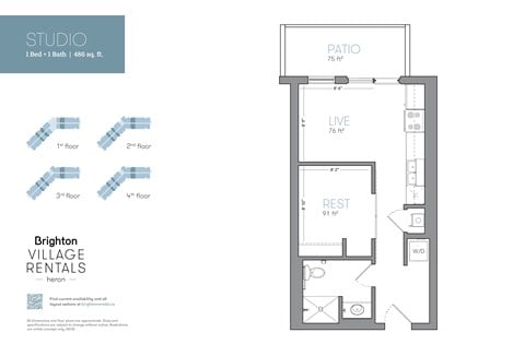 Floor plan for 1 bed, 1 bath, 486 sqft