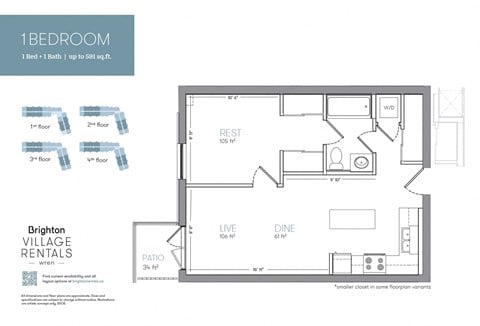 Floor plan for 1 bed, 1 bath, 591 sqft