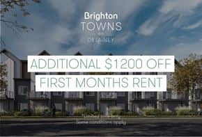 Saskatoon townhouse for rent - A promotional image for Brighton Towns on Delainy offering an additional $1200 off the first month's rent.