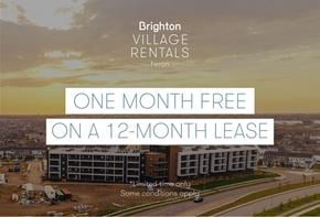 Saskatoon apartment for rent - A promotional image for Brighton Village Rentals offering a free month on a 12-month lease.