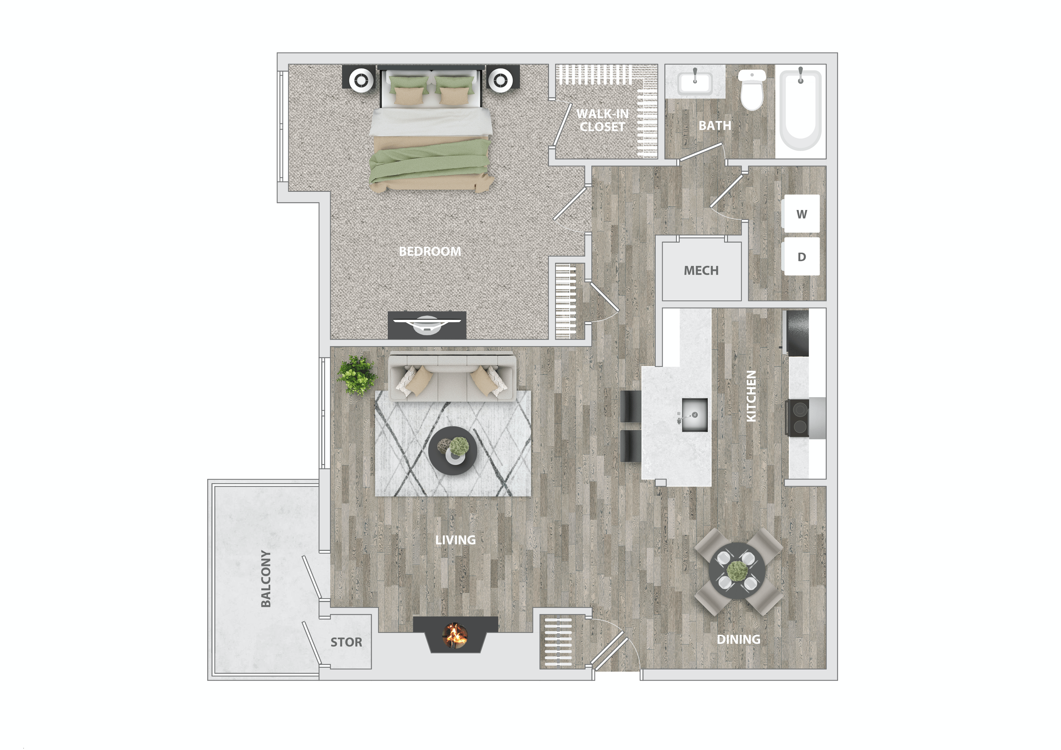 Floor plan for 1 bed, 1 bath, 740 sqft