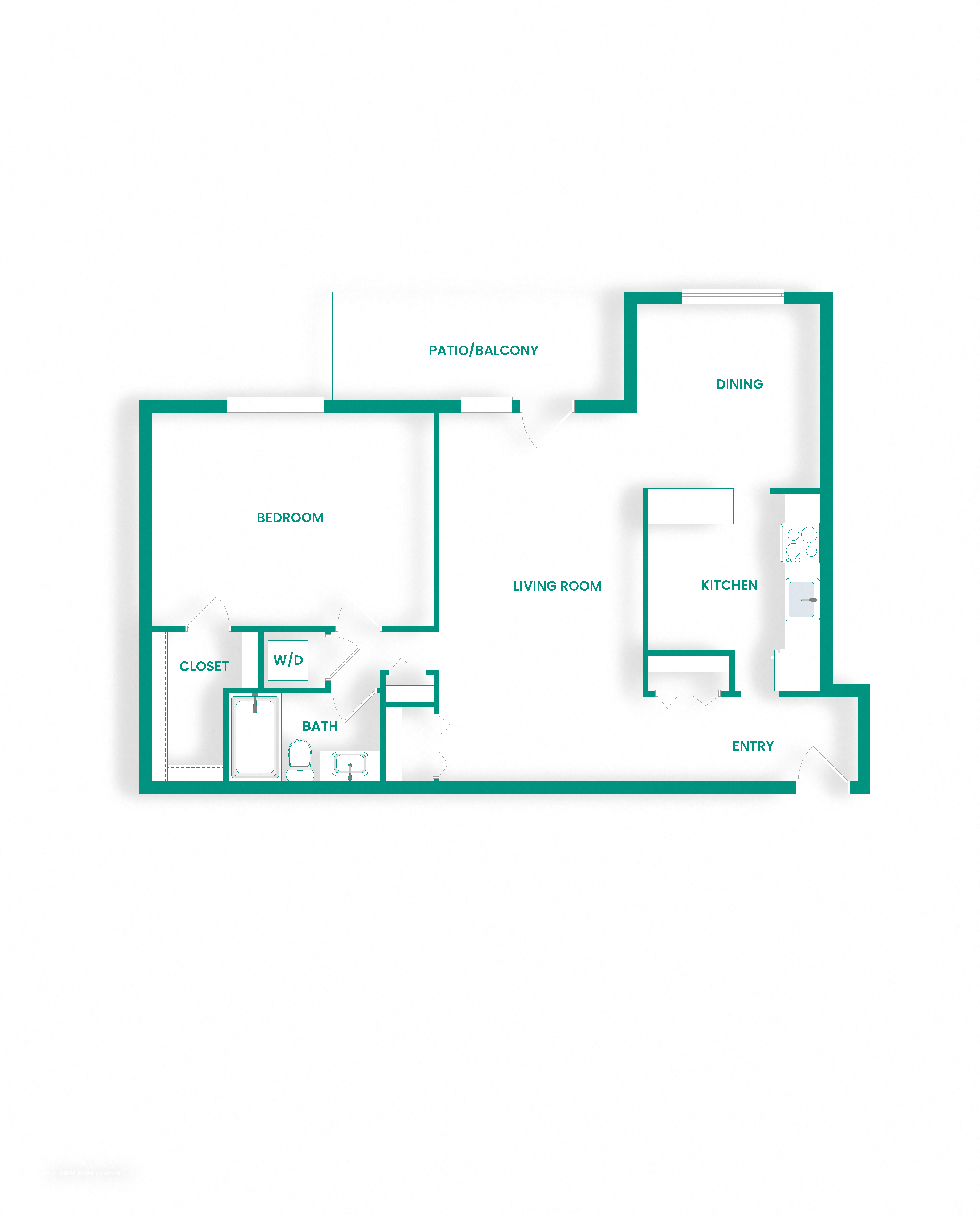 Floor plan for 1 bed, 1 bath, 861 sqft