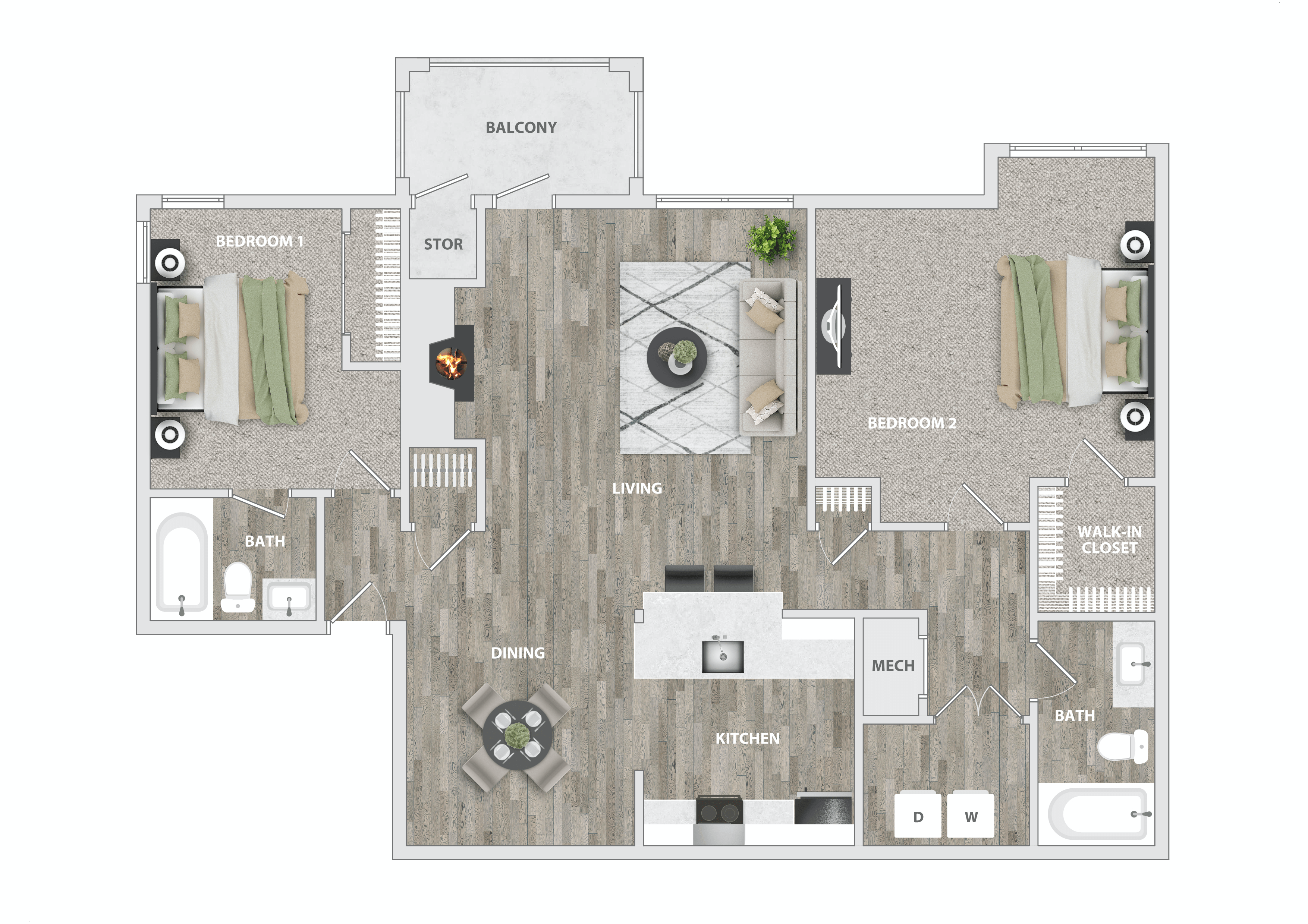 Floor plan for 2 beds, 2 baths, 975 sqft