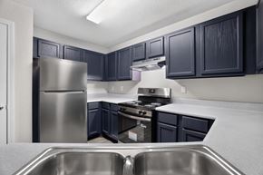 Duluth apartment for rent - A kitchen with dark blue cabinets and stainless steel appliances.