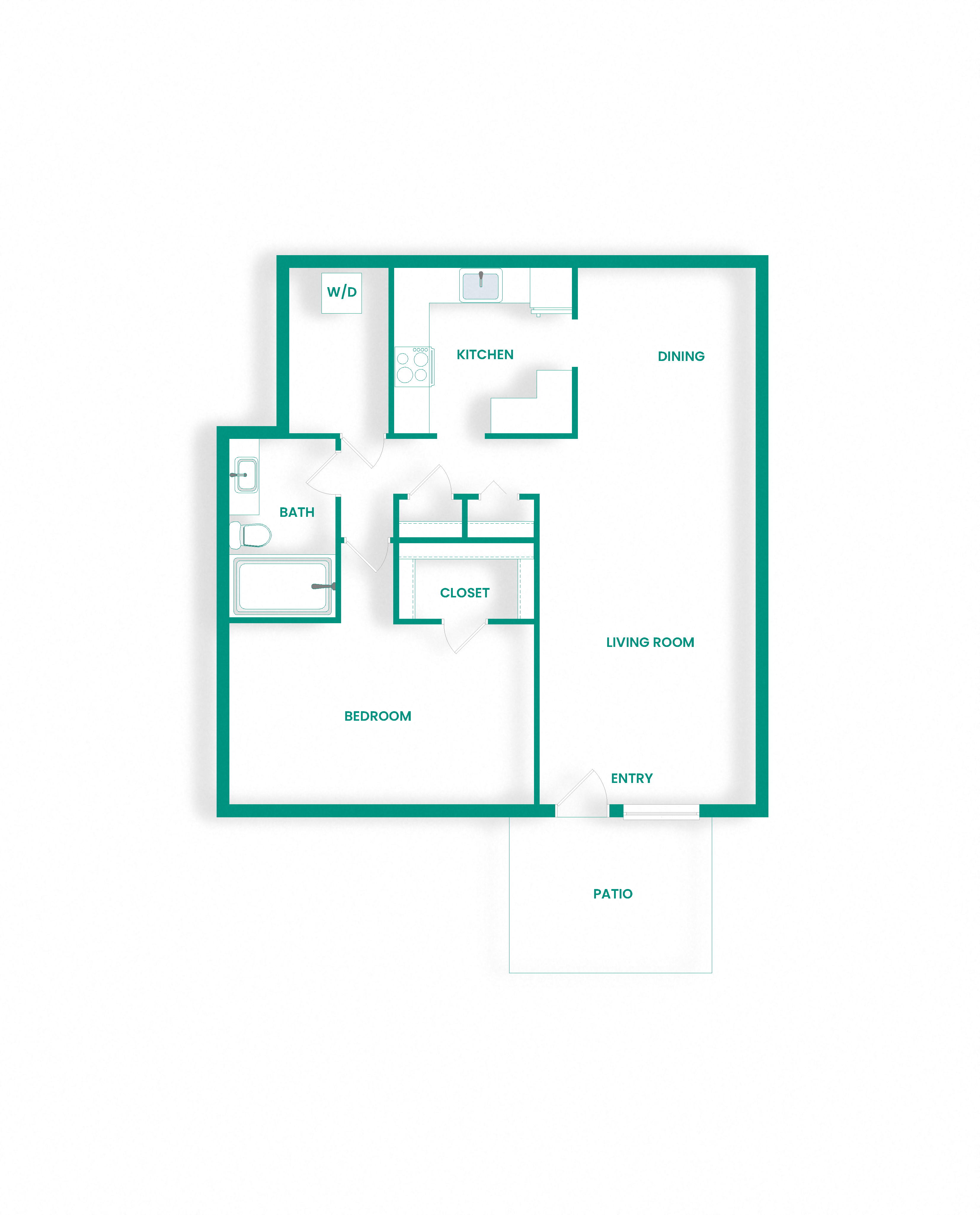 Floor plan for 1 bed, 1 bath, 904 sqft