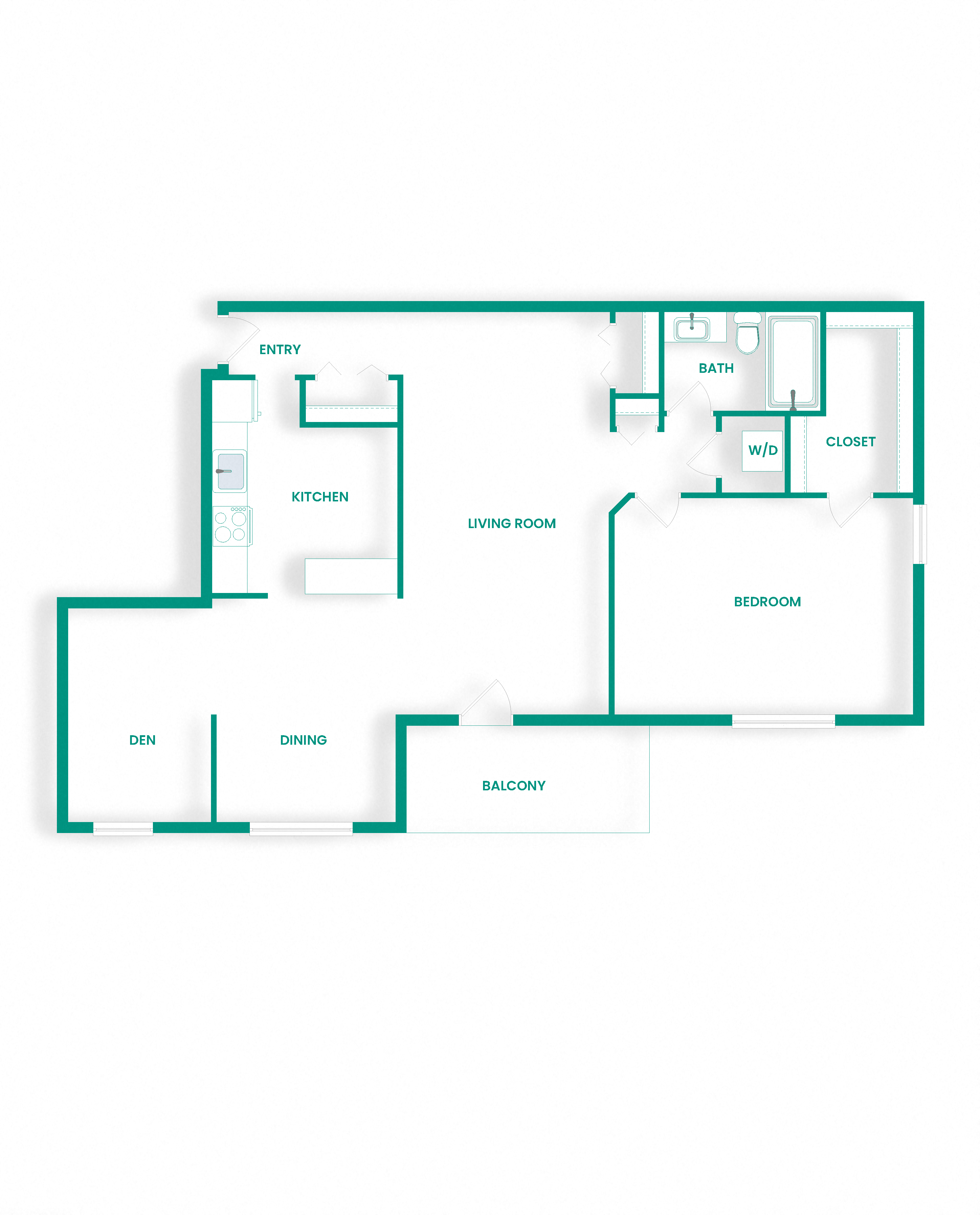 Floor plan for 2 beds, 1 bath, 957 sqft