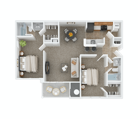 Floor plan for 2 beds, 2 baths, 1010 sqft