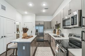 Tampa apartment for rent - an open kitchen with stainless steel appliances and white cabinets  at La Unión, Tampa, FL