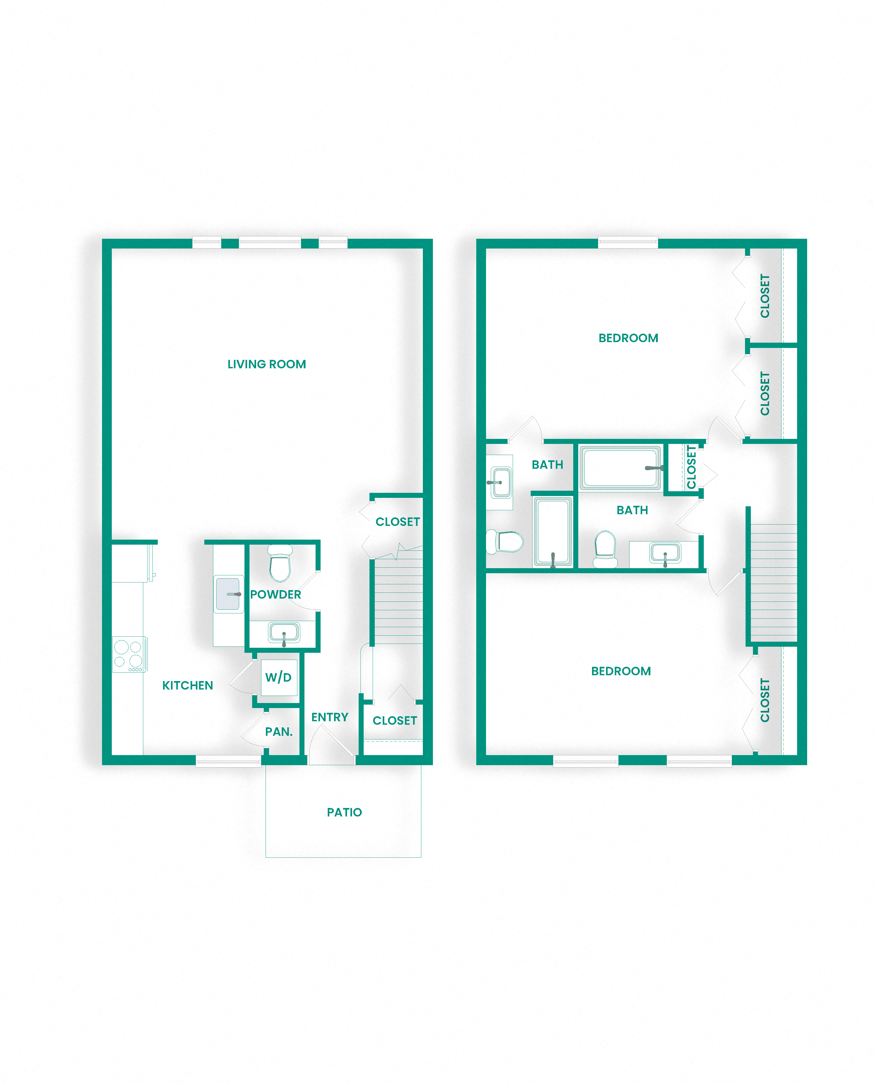 Floor plan for 2 beds, 2.5 baths, 1216 sqft