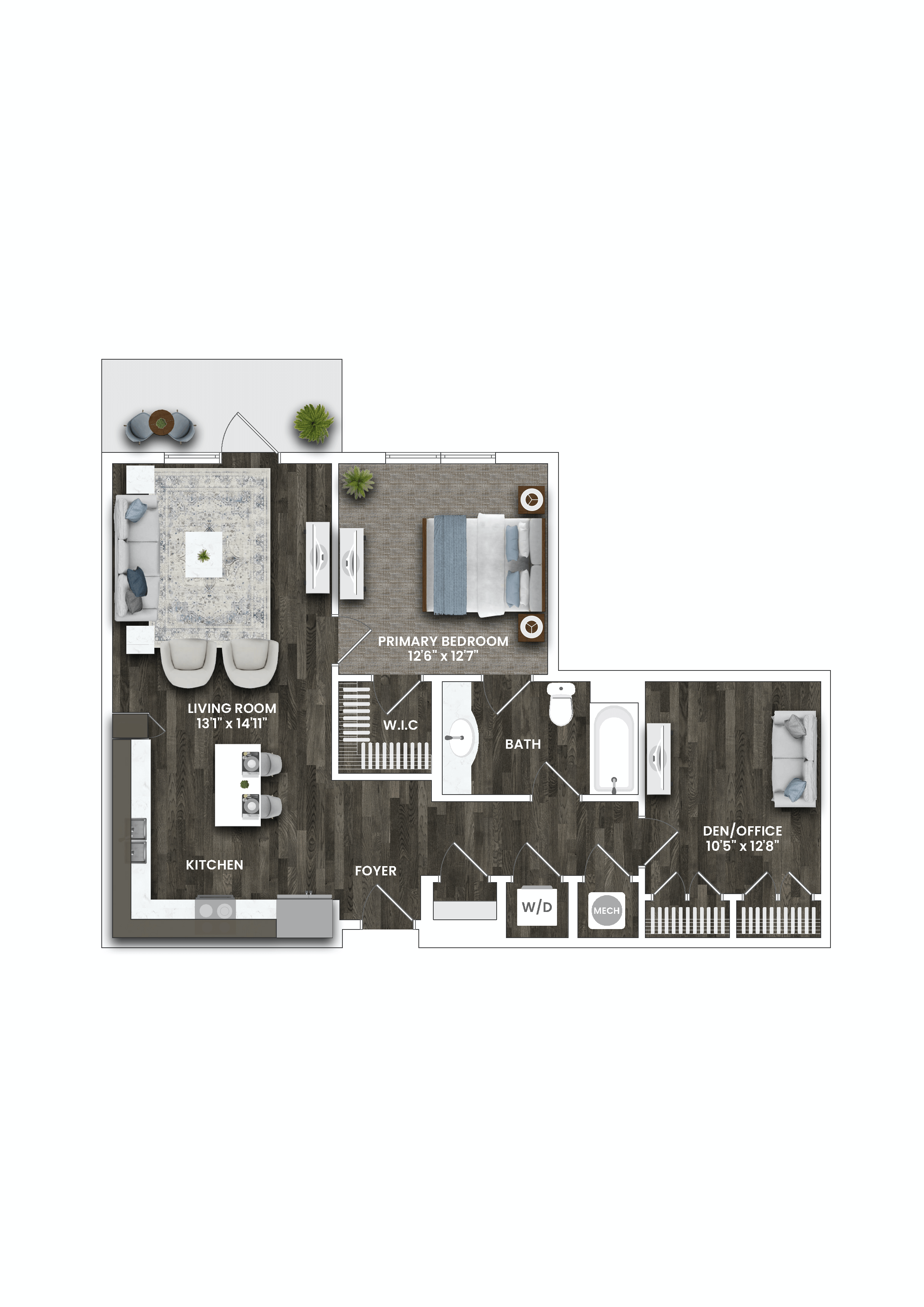 Floor plan for 1 bed, 1 bath, 890 sqft