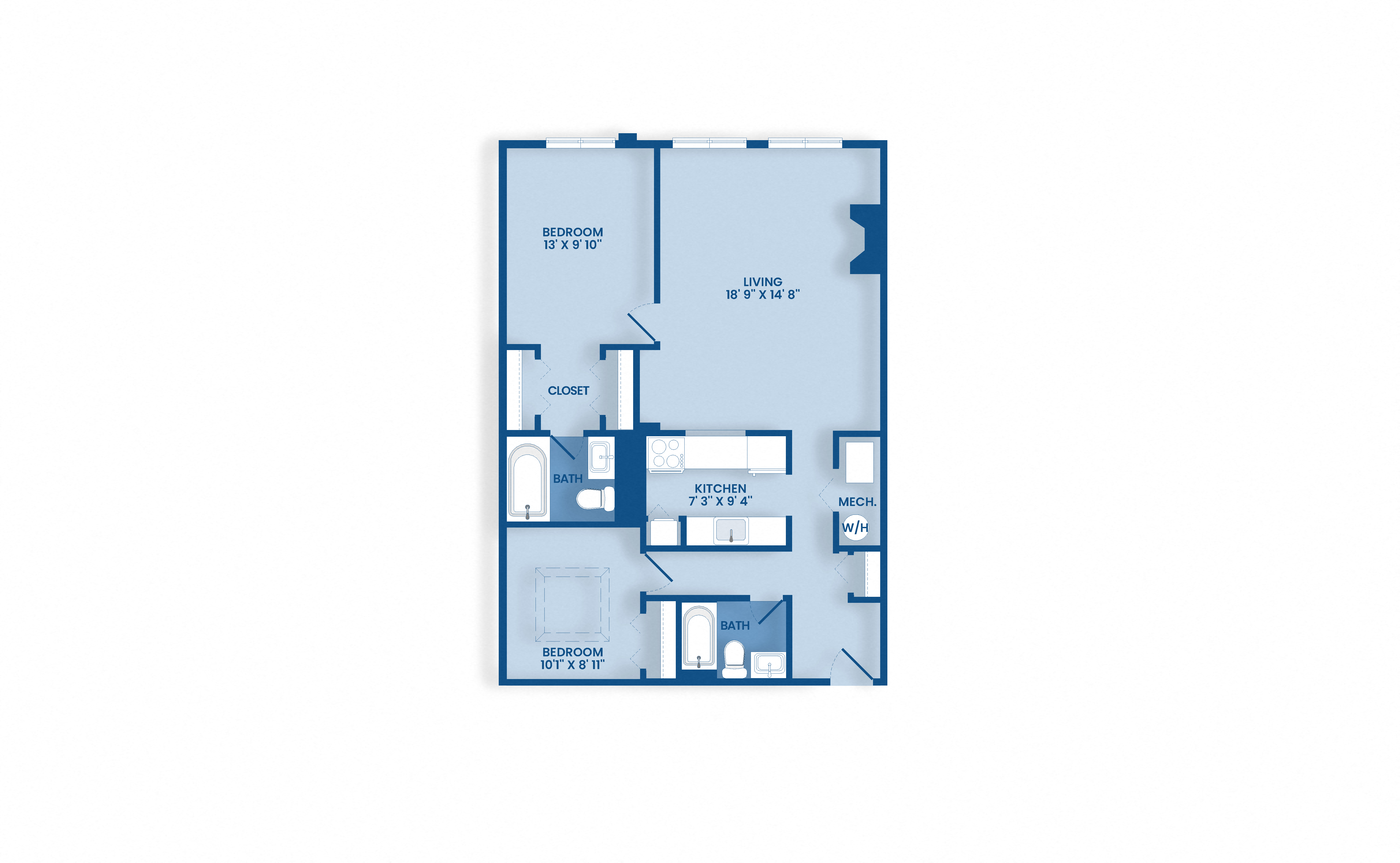 Floor plan for 2 beds, 2 baths, 1053 sqft