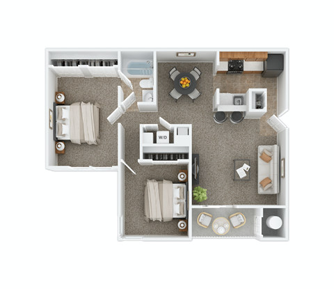 Floor plan for 2 beds, 1 bath, 877 sqft