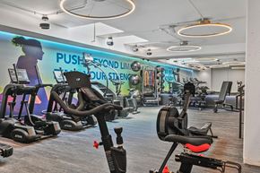 Washington apartment for rent - Mount Vernon Triangle, Washington, DC, Modern Apartments Near Safeway - Claret - Fitness Center With Cardio Equipment, Weight Machines, Free Weights, Exercise Balls, And Circular Light Fixtures.