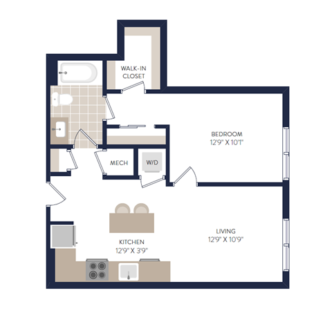 Floor plan for 1 bed, 1 bath, 552 sqft