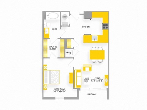 Floor plan for 1 bed, 1 bath, 672 sqft
