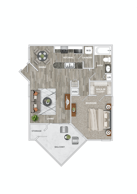 Floor plan for 1 bed, 1 bath, 738 sqft