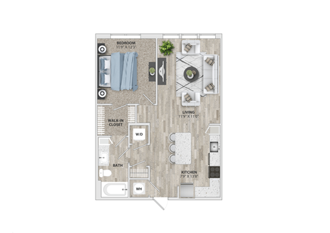 Floor plan for 1 bed, 1 bath, 739 sqft
