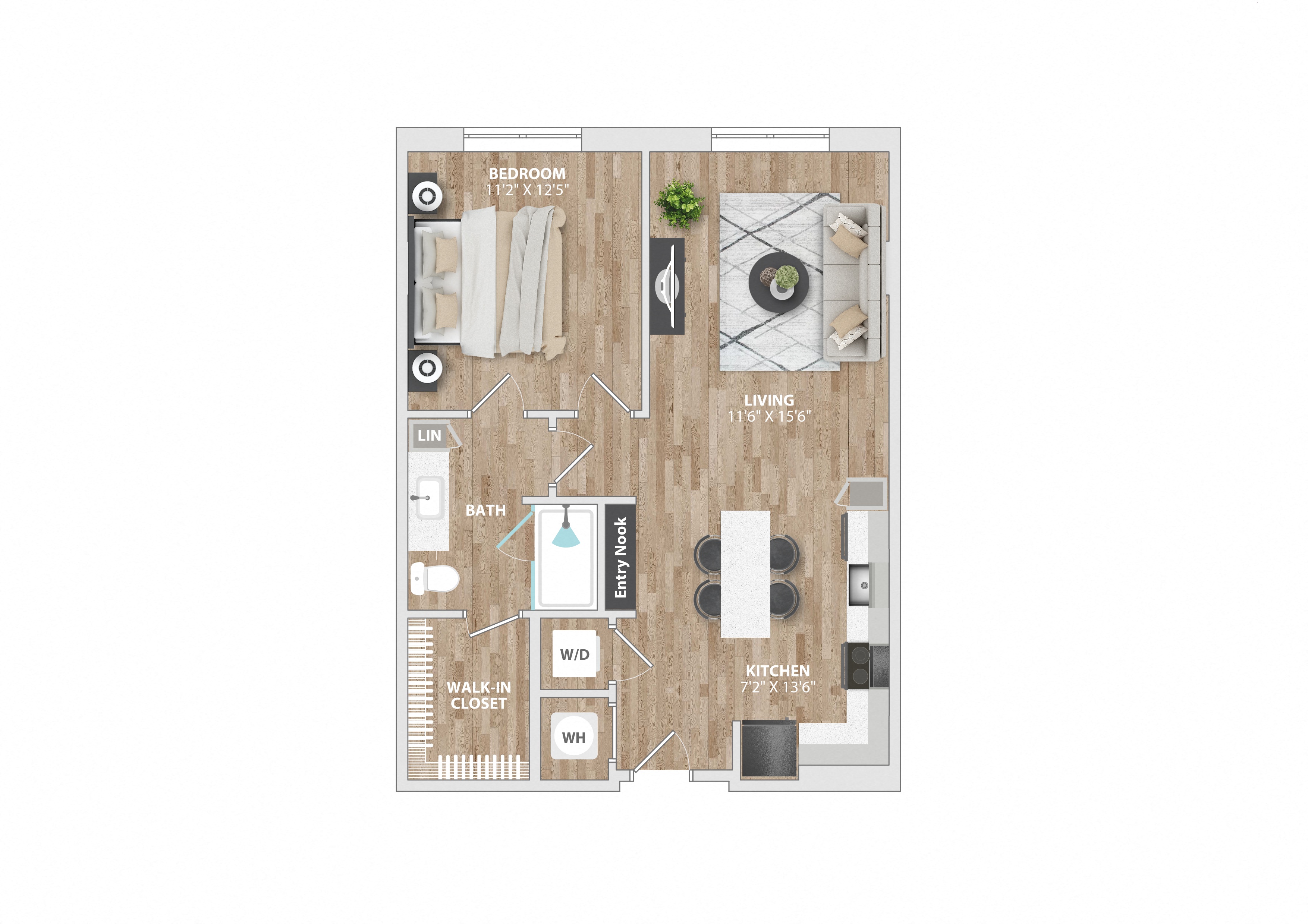 Floor plan for 1 bed, 1 bath, 776 sqft