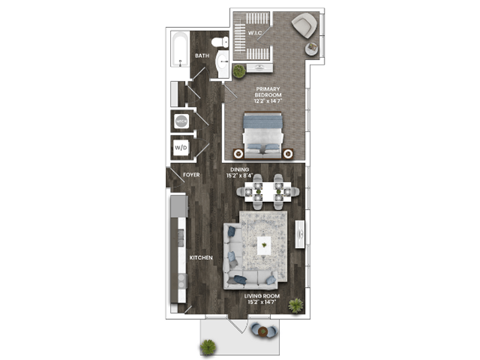 Floor plan for 1 bed, 1 bath, 856 sqft