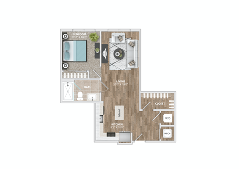 Floor plan for 1 bed, 1 bath, 645 sqft