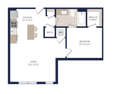 Floor plan for 1 bed, 1 bath, 548 sqft